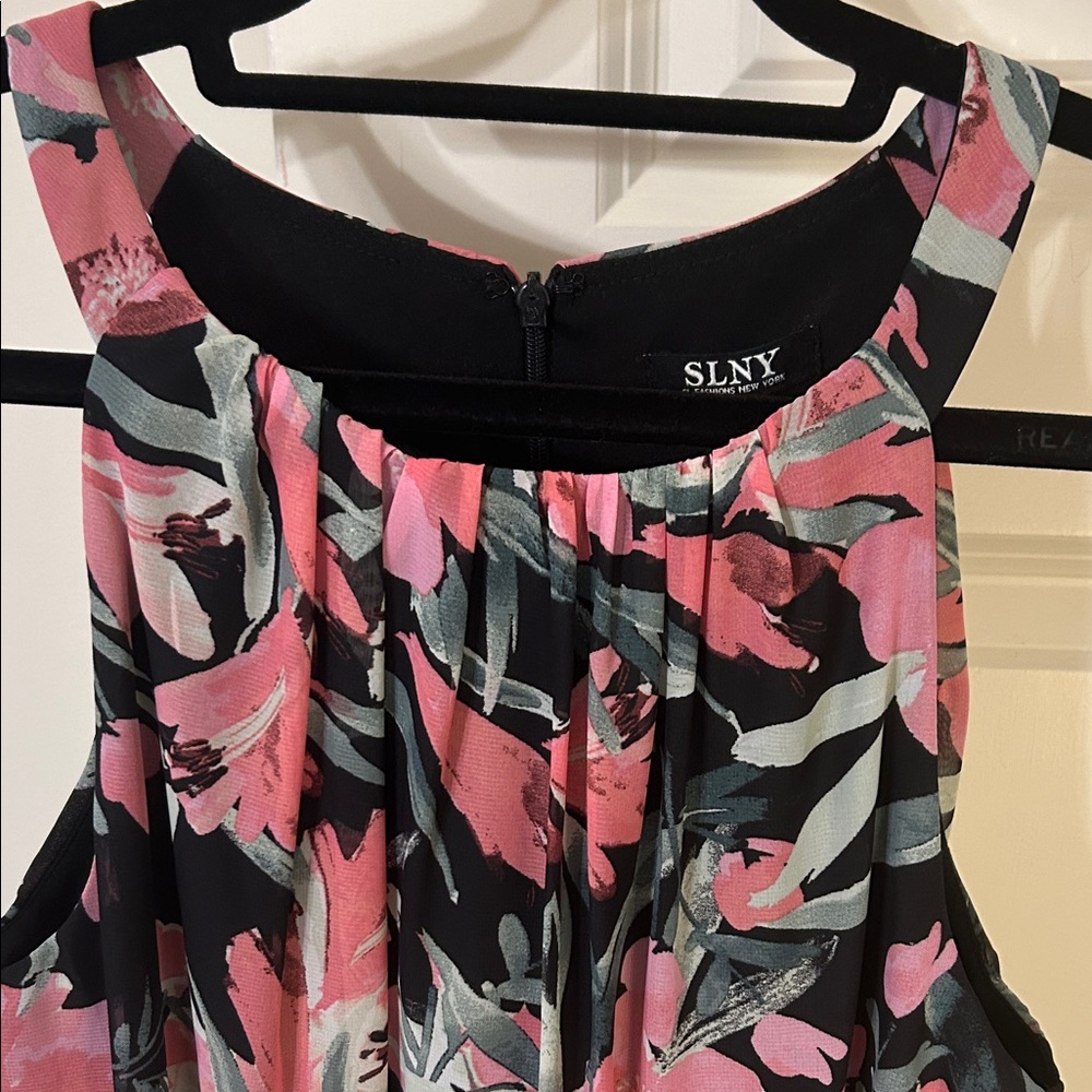 NWT Beautiful Floral Pink and Black Maxi Dress w/ Dramatic Front Ruffle - Picture 2 of 7